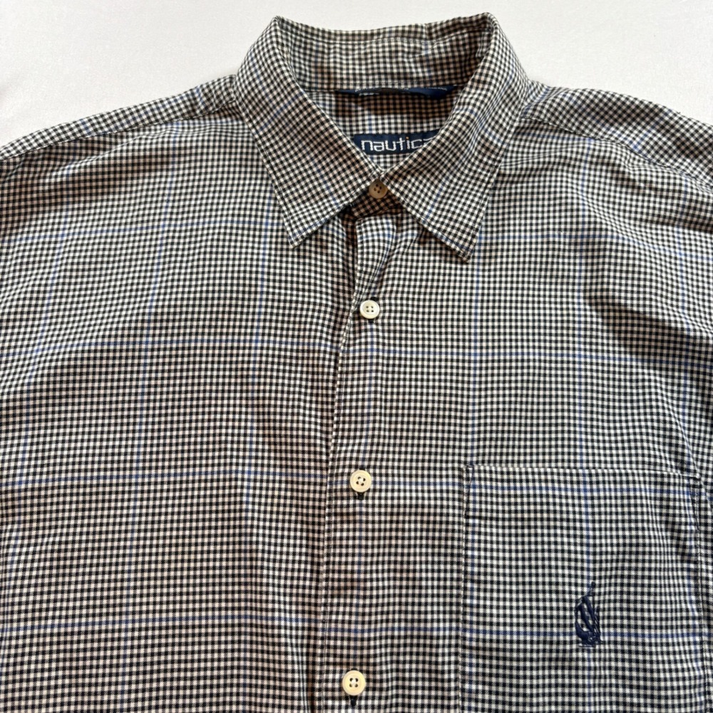 Nautica Gingham Button Down Shirt Mens Large Long Sleeve Cotton Black White